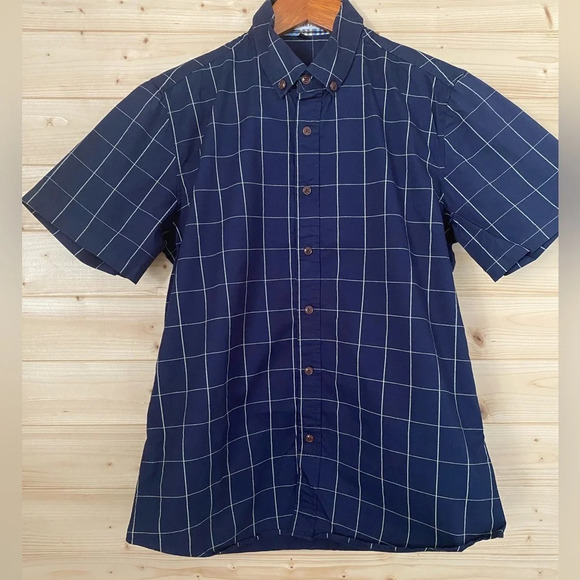 MUSE FATH Men's Small Preppy Navy Plaid Short Sleeve Collared Button Down Shirt - Picture 1 of 6